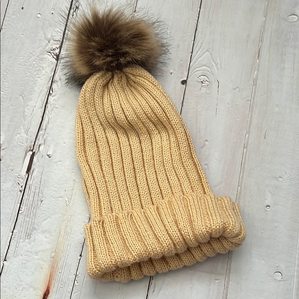 Cozy Tan Knit Pom-Pom Beanie for Kids